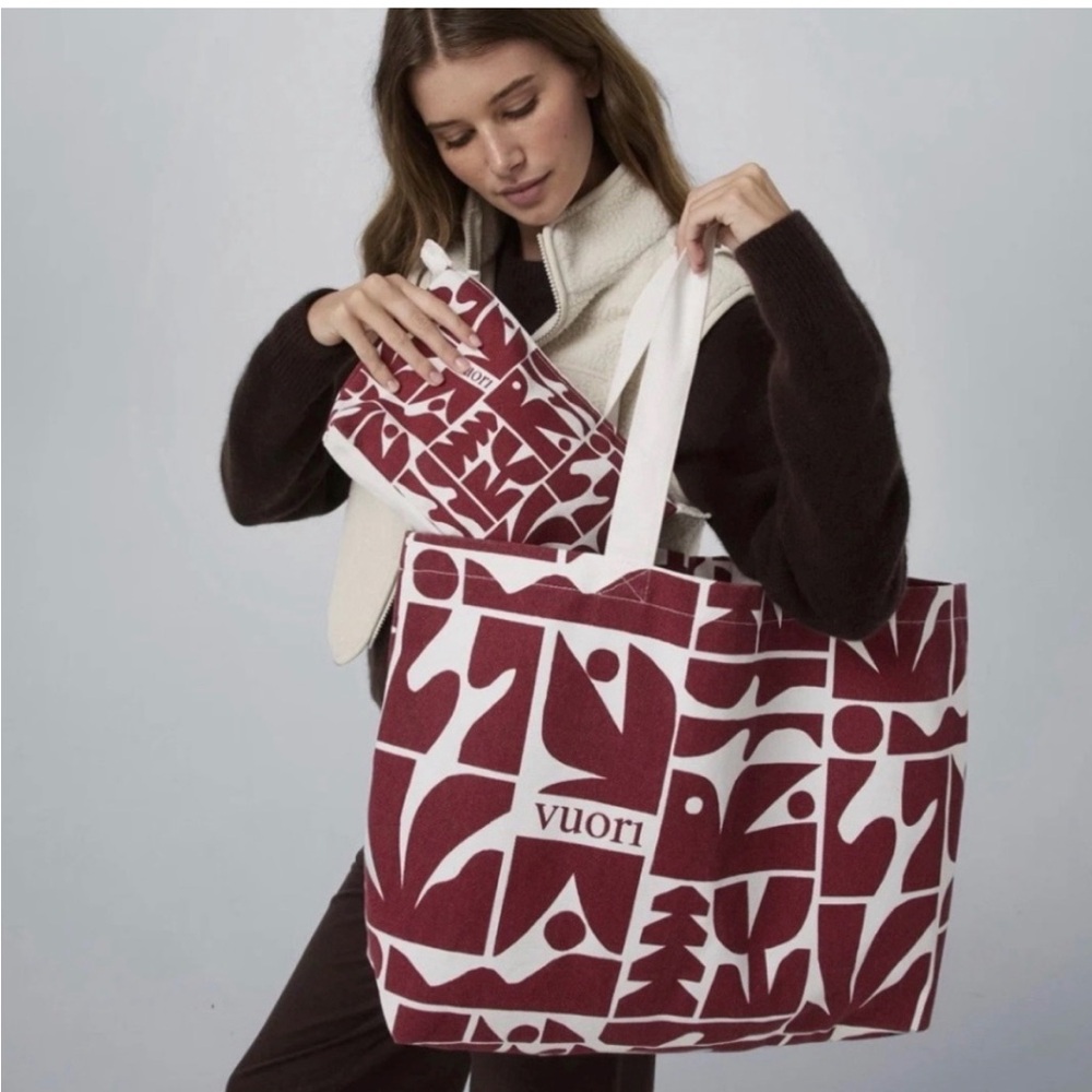 Vuori Maroon and Cream Graphic Canvas Tote with Matching Pouch